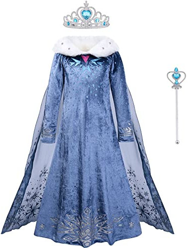 Anna Kostüm für Mädchen, ELSA Anna Prinzessin Kleid mit Prinzessin Krone und Zauberstab, ELSA Kostüm für Verkleidung Karneval Weihnachten Hochzeit Party