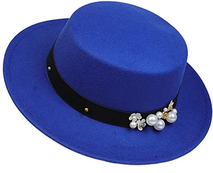 NiceYnn Klassischer Vintage-Wollhut mit breiter Krempe, flache Oberseite, Schweinekuchen, verstellbares Perlenband, Fedora, Kirche, Derby, Filzkappe für Hochzeit, Blau und Perlmutt, Einheitsgröße