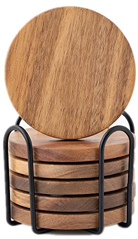WLWNWFT Acacia Wood Coasters Set of 6 with Holder, Wooden Coasters for Glasses Drinkings Coffee Table Desk Round with Non-Slip Pad Cup Coasters for Home Office Christmas Decor 4 Inch, Black