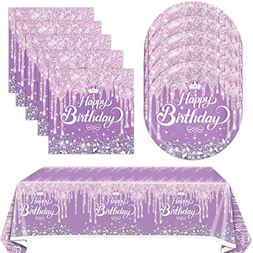 41Pcs Purple Birthday Tableware Set for Happy Birthday Table Decorations Purple Theme Birthday Dessert Plates Napkins Tablecloths for 20 Guests Girls Women Silver Glitter Birthday Party Supplies