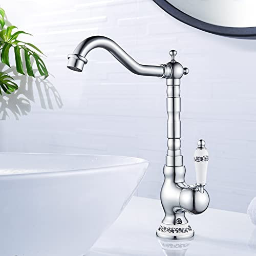 AIMOYO Robinet de Lavabo Rétro, Robinet Salle de Bain en Laiton Chromé, Haut Robinet Mitigeur Lavabo pour Lavabo ou Vasque de Salle Bain, Eau Chaude et Froide Disponible