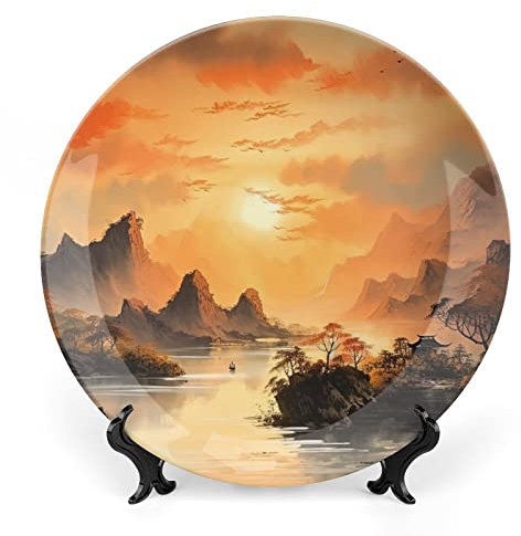 Gokays Piatti decorativi da appendere alla parete, antica montagna cinese e padiglione paesaggio pittura a inchiostro piatto in ceramica con espositore, decorazione per la casa per mobili da cucina,