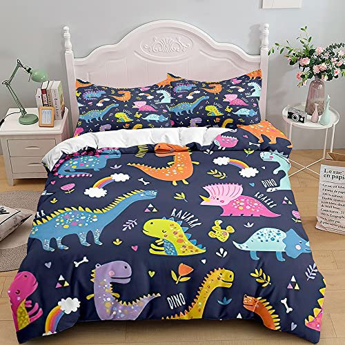 TSOPEFI Dinosaurier Muster Kinder Bettwäsche,Niedlich Cartoon Bunter Dinosaurier Druck Bettbezug,Verspielt Dekorativ Betten Set für Jungen Mädchen (135x200cm, A)