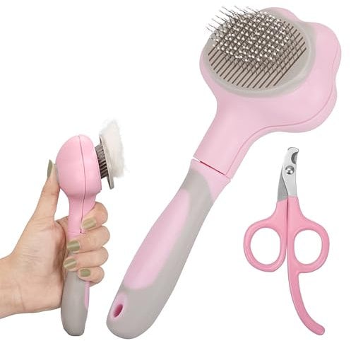 Belle Vous Pink Pet Grooming Set - Self-Cleaning Shedding Brush and Nail Clippers for Long/Short-Haired Cats & Dogs - Removes Loose Undercoat/Tangles