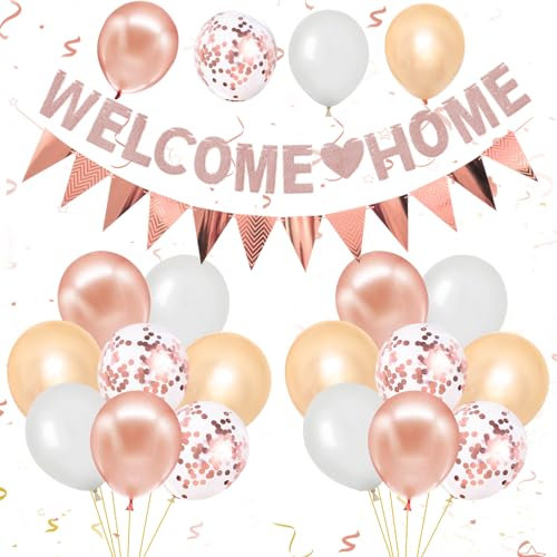 Decorazione per la casa, ghirlanda di benvenuto a casa, set di banner con palloncini in oro rosa, palloncini con coriandoli, banner per la casa, bandierine per baby shower, nascita, decorazioni