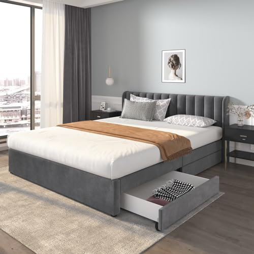 Daesar Stauraumbett 180 x 200 mit Lattenrost, Polsterbett Samt Grau mit Rückenlehne Funktionsbett Stauraumbett Bett mit 2 Schubladen