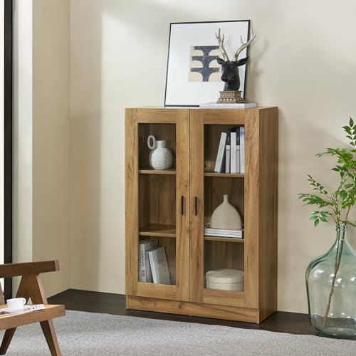 [en.casa] Armadio a Vetrata con 3 Scomparti Credenza Libreria con Vetrina Armadio Stretto a 2 Ante in Vetro Trasparente Mobile Vetrinetta 115 x 80 x 31 cm - Effetto Rovere