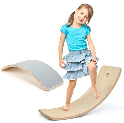KOMFOTTEU Balancierbrett Balanceboard Holz, Wackelbrett mit Flitz, Kurviges Board für Balancier, Balance Board Gleichgewichtsboard bis 220kg belasbar, für Kinder & Erwachsene (90x40x19 cm)