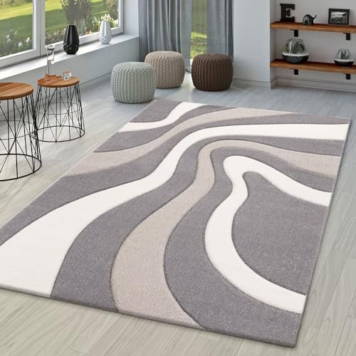 TT Home Wohnzimmer Teppich Moderner Kurzflor 3D Optik Geometrisches Wellen Design, Farbe: Grau 2, Größe:80x300 cm