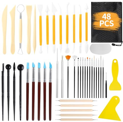 JAMATA 48 Stück Töpferwerkzeug Set,Modellier-Werkzeug Set für töpferwerkzeug Kinder Profi,Modelierwerkzeugset Ton mit Aufbewahrungstasche,Sculpting Werkzeug für Profis und Schnitzwerkzeug AnfäNger