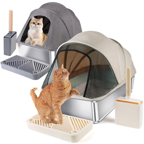 Givilio 2 Stück große(60 * 40 * 45H cm) Edelstahl-Katzentoilette mit Deckel, extra große Jumbo-Metall-Katzentoilette für große Katzen, inklusive Streuschaufel, Schaufelhalter, Fußpolster,