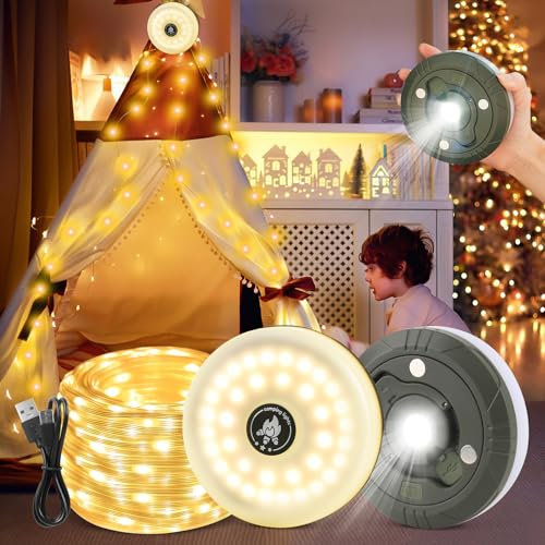 FENGQ Camping Lichterkette Aufrollbar, 3 in 1 Tragbare LED Lichterkette 10M, USB Wiederaufladbare Campinglampe Verstaubare Wasserdicht Außenbereich Camping Zubehör für Camping Garten Wandern
