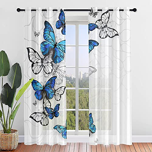 ENEN Vorhänge Wohnzimmer, Gardinen mit Ösen Halbtransparent Schmetterling Druck Gardinen Wohnzimmer, Schlaufenschal 2er Set für Kleine Fenster Küche Wohnzimmer Landhaus (107x160cm,Blau)