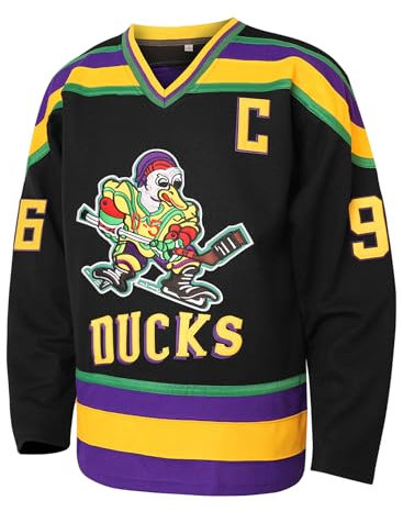Mighty Ducks Trikot 96 Charlie Conway 99 Adam Banks Movie Eishockey Trikot 90er Jahre Hip Hop Kleidung für Party, 96 - Schwarz, L