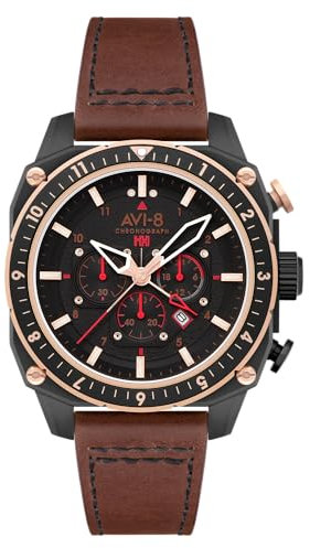AVI-8 Men's 44mm Hawker Hunter Atlas Dual Time Chronograph Jade Black Watch with Leather Strap AV-4100-09