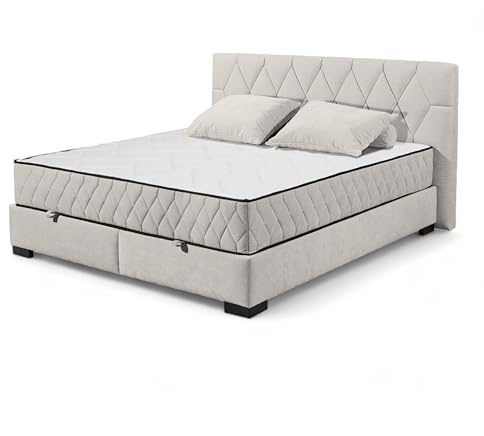 Stella Trading NAGOL B Boxbett 180x200, Sand - Bequemes Doppelbett mit Bettkasten und Premium 9-Zonen-Federkern Wendematratze - 205 x 114 x 214 cm (B/H/T)
