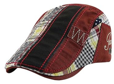 HIQIU Retro Patchwork Schirmmütze Herren Barett Cap,Schiebermütze Newsboy Flat Cap Herren Cabbie Hunter-Hut Baskenmützen (DE/NL/SE/PL, Alphanumerisch, M, L, rot)