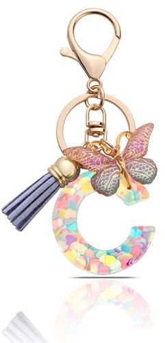 MORSUNBELA Porte-clés avec lettre de l'alphabet - Porte-clés pour fille - Lettre initiale - Papillons - Pour femme, Violet-C., S
