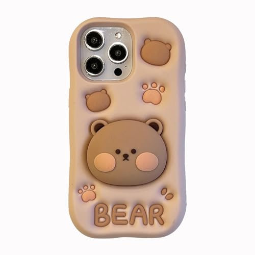 Unichthy Compatible with iPhone 12/12 Pro Case for Kids Girls 3D Cartoon Soft Silicone Cover |Cute Brown Bear Kickstand| Animal Character Funny Shockproof Protective Skin for iPhone 12/12 Pro