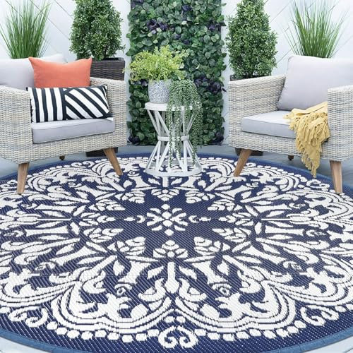 Homcomoda Round Outdoor Patio Rugs 8Ft Waterproof Indoor Outdoor Area Rugs Clearance Reversible Straw Rugs Circle Outdoor Area Rugs for Porch Garden Deck Backyard Balcony