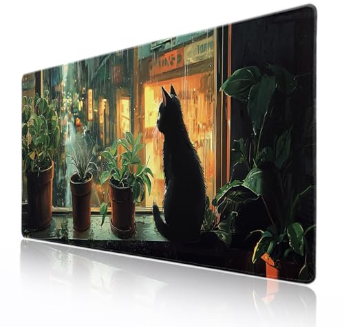 Tapis de souris motif chat noir et plantes vertes, grand tapis de souris XXL, base en caoutchouc antidérapant, bords cousus pour clavier pour bureau, jeu, ordinateur portable, ordinateur de bureau, 90