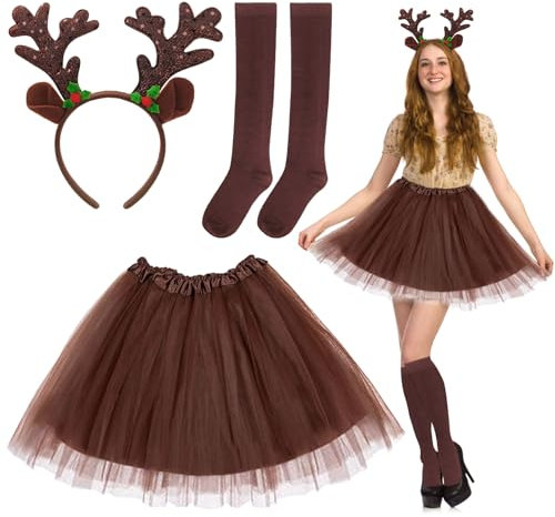 Beibeijia 3er Reh Kostüm Damen, Rentier Kostüm Damen mit Geweih Haarreif und Reh Damen Tüllrock und Socken, Karneval Kostüm Damen Reh, Tierkostüm Erwachsene für Halloween Weihnachten Cosplay