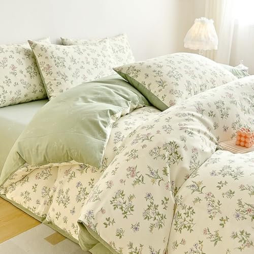 Nayoroom Bettwäsche Baumwolle 135x200 4teilig Blumen Weiß mit Grün Blätter Rosa Blumen Muster Bettbezug Set Aesthetic Pflanzen Botanisch Wendebettwäsche Reißverschluss und 2 Kissenbezüge 80x80 cm