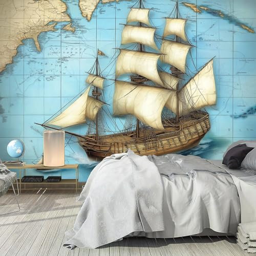 NAWVNMI Peel and Stick Wallpaper Self Adhesive Vintage Sailboat Wallpaper for Living Room Bedroom Kitchen Feature Wall Cover Nautical Map Sailboat Removable Wallpaper 400x280cm(157x110)