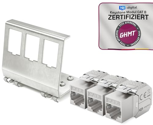 hb-digital 3X CAT 8 Keystone Modul RJ45 Buchse STP 40 Gbit/s - werkzeuglos LSA - mit 1x 3-Port 35mm DIN Rail Metall Hutschienenadapter Keystone Halterung Ethernet LAN Netzwerk Switch
