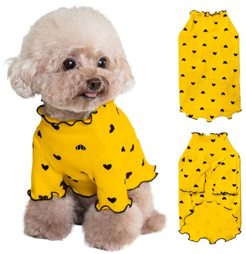 Yaopelky Pet Clothes for Small Dogs Cat Summer Fall Heart Print Shirt Stretchable Ruffle Long Sleeve Outfits for Chihuahua Schnauzer Shih Tzu Yorkie (Yellow, XL)