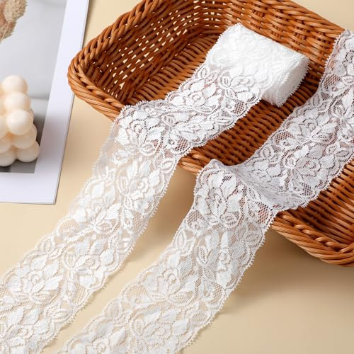 Spitzenband Weiß, 7 cm Spitzenstoff zum Nähen Vintage Spitzenborte Weich Posamentenborte Lace Trim für DIY Hochzeit Dekorationen Tischdeko Kleider Brautkleid Basteln Geschenkband Handwerk, 5 m