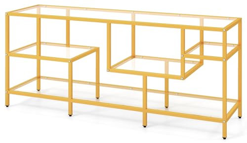 GYMAX Meuble TV en Verre Trempé pour Téléviseurs Jusqu'à 65 Pouces, Console TV avec Étagères de Rangement, Cadre en Métal Robuste, Style Moderne pour Entrée, Salon, Chambre, Charge 50 KG, Doré