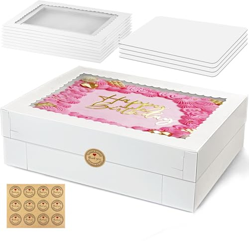 MUMULULU 4 PCS 19x14x4 Inch Cake Boxes with Cake Board White Sheet Rectangular Bakery Boxes with Window for Donuts Cookies Dessert Cupcakes Pastry Baking Pie Packaging