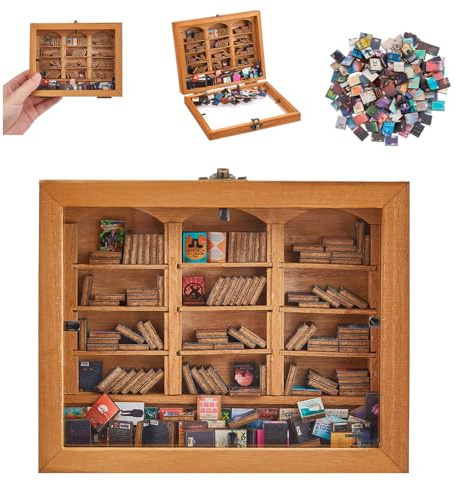 DICOSMETIC Bücherregal für Ängste Holz Miniatur Bücherregal Mit 200 Stück Mini Büchern 1:12 Puppenhaus Möbel Puppenhaus Zubehör