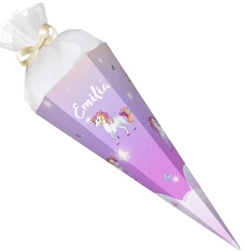 GRAVURZEILE - Bedruckte Schultüte - Einhorn Rosa - Personalisiert mit Namen - Geschenk zur Einschulung - Sechseckige Zuckertüte für Jungen & Mädchen - 61 cm mit Tüll-Verschluss - Farbe: Einhorn Rosa