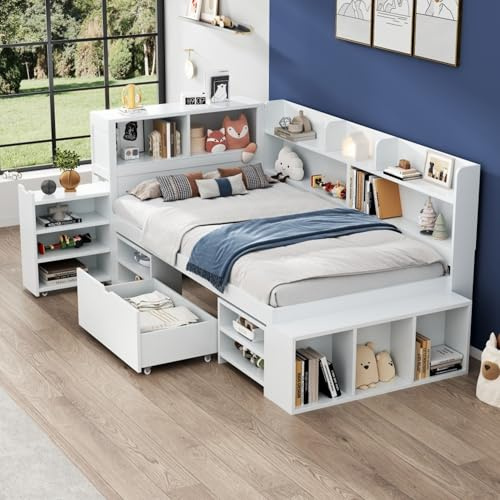 Kinderbett Einzelbett 90x200 mit Schubladen, Bücherregal und Versteckter Stauschrank, Stauraumbett mit Lattenrost und großer Stauraum, Bettgestell Multifunktionsbett Jugendbett, Ohne Matratze, Weiß