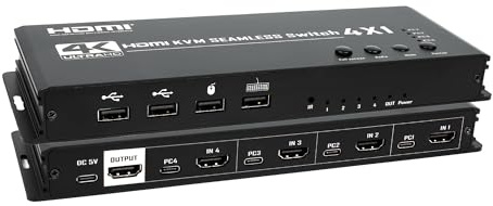 KVM Switch HDMI 4K 4x1 Quad Multi Viewer 4 in 1 Ausgang KVM HDMI Display Multiviewer Ununterbrochen für 4 PC Maus und Tastatur Teilen