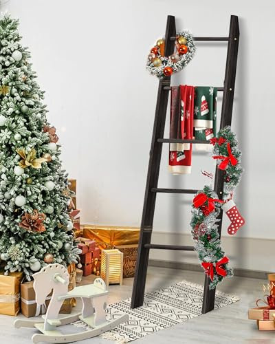 XLHOMO Blanket Ladder for Living Room, 5-Tier Wooden Ladder Shelf, Rustic Decorative Blanket Rack for Blankets, Quilts, Farmhouse Decor Ladder Shelf for Bedroom Bathroom Home Christmas Decor, Black