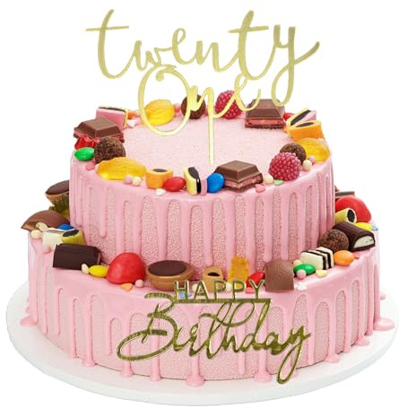2Stück Twenty One Kuchenaufsatz,Acryl Geburtstag Cake Topper,Goldene Happy Birthday Tortendeko Spiegel,für 21. Geburtstagskuchendekorationen,Jubiläumsdekorationen