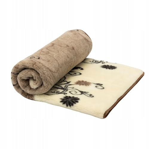 Wool & Home Merino Wolldecke 180x200 cm – Kuscheldecke aus 100% Merinowolle, Blumen- und Rankenmuster in Creme, Braun und Schwarz – Gewicht 500 g/m² – Atmungsaktiv und Langlebig