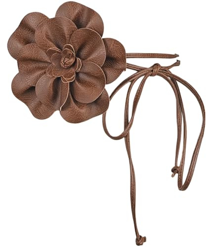 CALFOVERA 6.5mm PU Leather Boho Flower Waist Belt Skinny Leather Rope Tassel Waistband Thin Elegantes Big Flower Decor Belts Slim Waist Strap Band for Women Dress Shirts Wedding(Coffee)