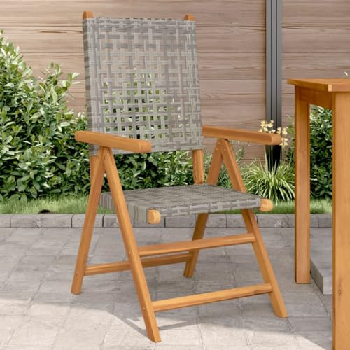 Owoxanthellate Gartenstühle 2er Set klappbar Akazie Holz Poly Rattan Liegefunktion 57 x 70 x 109 cm Grau wetterfest platzsparend Balkon Terrasse Camping