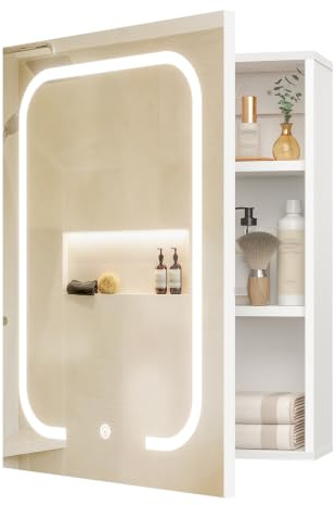 CHOEZON Armoire de Toilette avec Miroir et Éclairage, 3 Températures de Couleur, Armoire Murale, Meuble de Rangement pour Petit Espace 45 x 60 cm, avec Étagères Réglables, Port USB, Blanc