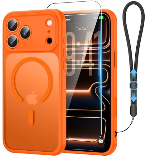 GOODVISH for iPhone 17 Pro Case with MagSafe, Drop Protection Cover, Orange | Built-in Magnetic Ring, with Screen Protector & Wrist Strap, Full Camera Protection, Translucent, Anti-Scratch & Durable