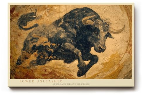 Paul Sinus Wandbild 120x80cm kraftvoller Stier abstrakte Tierkunst in warmen Braun Gold Toenen dynamische Leinwand Wanddekoration modernes Kunstbild fuer Wohnzimmer Büro