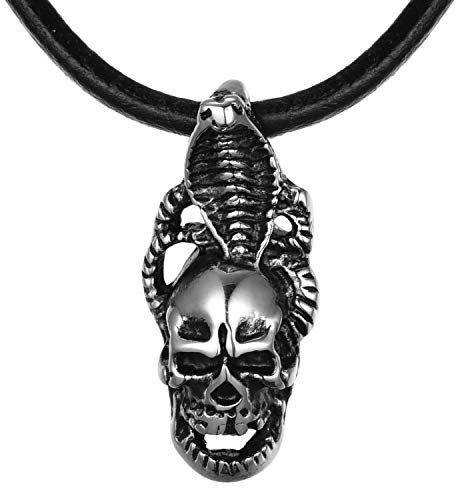 DonDon Herren Leder Halskette 50 cm Kobra-Totenkopf Anhänger Edelstahl im Schmuckbeutel