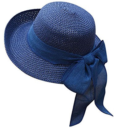 LAEMILIA Femme Chapeau Melon avec Nœud Papillon Capeline de Paille Anti-UV Plage Voyage Eté (TU, Bleu)