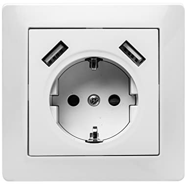 Famatel 9139, prise encastrable 16 A-250 V + 2 ports USB 2,1 mA. Couleur : blanc neige.