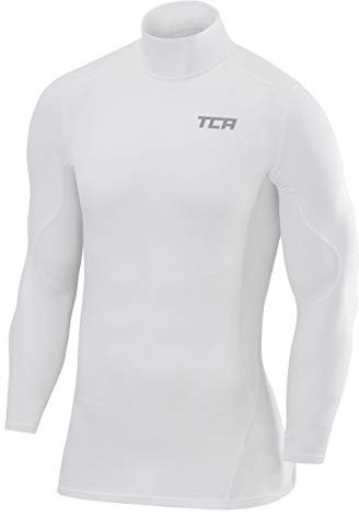 TCA Men's SuperThermal Compression Base Layer Football Running Top Long Sleeve Thermal - Mock Neck - Pro White, M