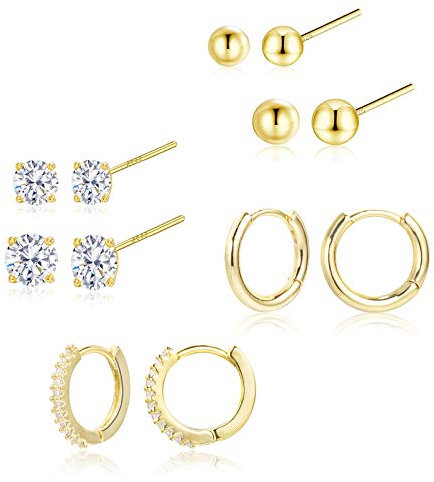 Gold Ohrringe Set für Damen - 6 Paare Hypoallergen Sterling Silber 925 Knorpel Creolen Klein Zirkon Ohrstecker Piercing für Mehrere Ohrlöcher